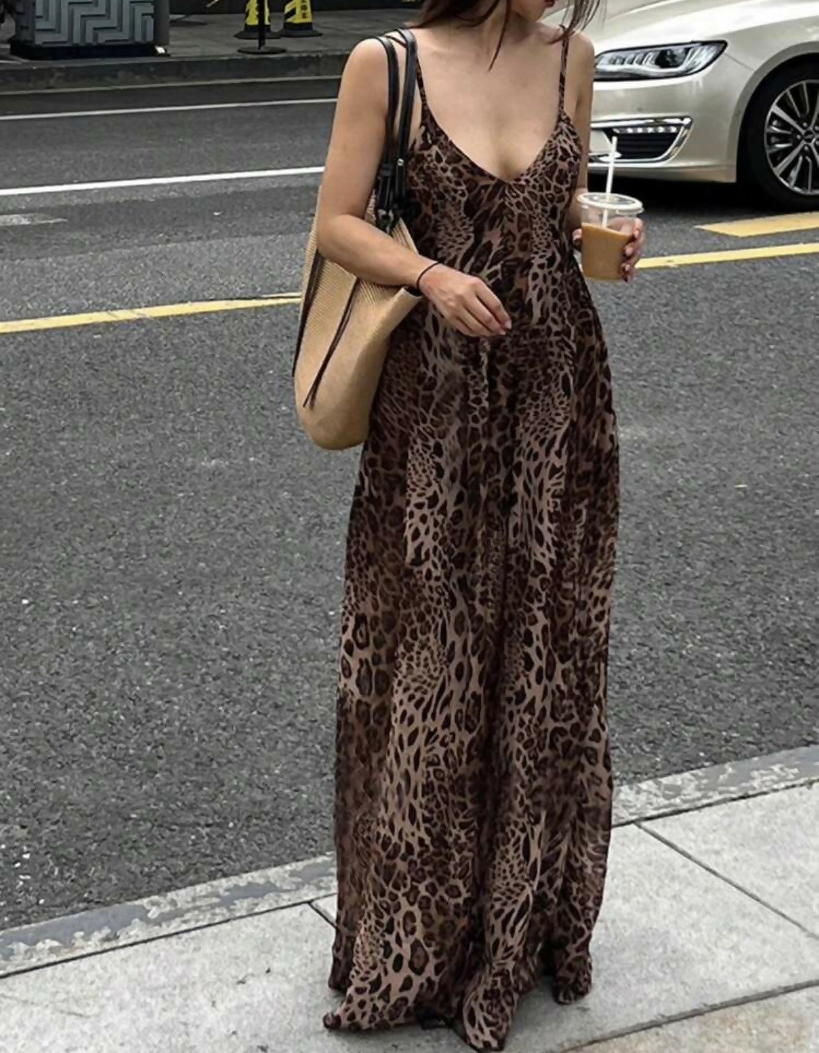 INAWLY Women's Brown Leopard Print Spaghetti Strap Maxi Dress