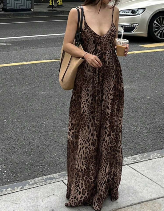 INAWLY Women's Brown Leopard Print Spaghetti Strap Maxi Dress