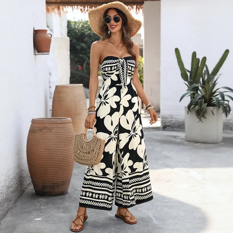Black and Ivory Floral Strapless Backless Wide Leg Jumpsuit