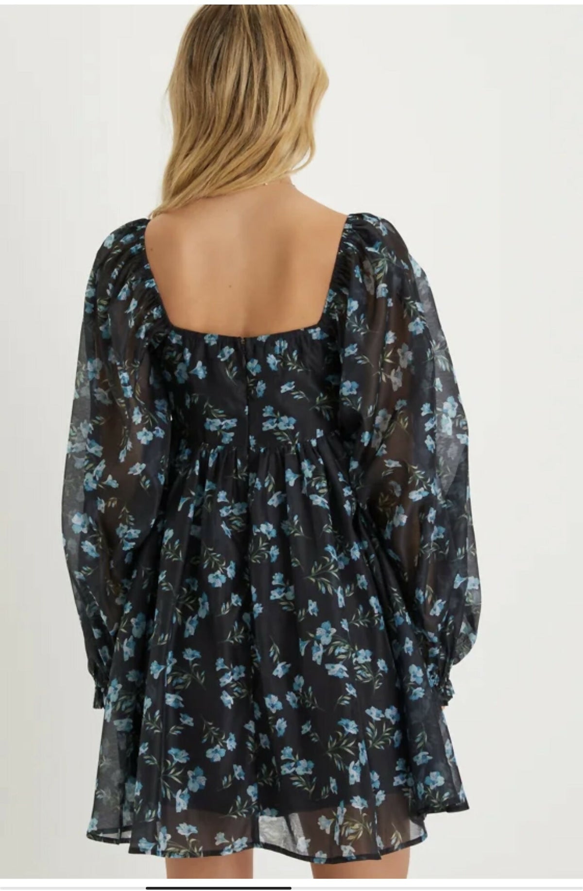 LULUS COMPLETE DARLING BLACK FLORAL BALLOON SLEEVE BABYDOLL MINI DRESS