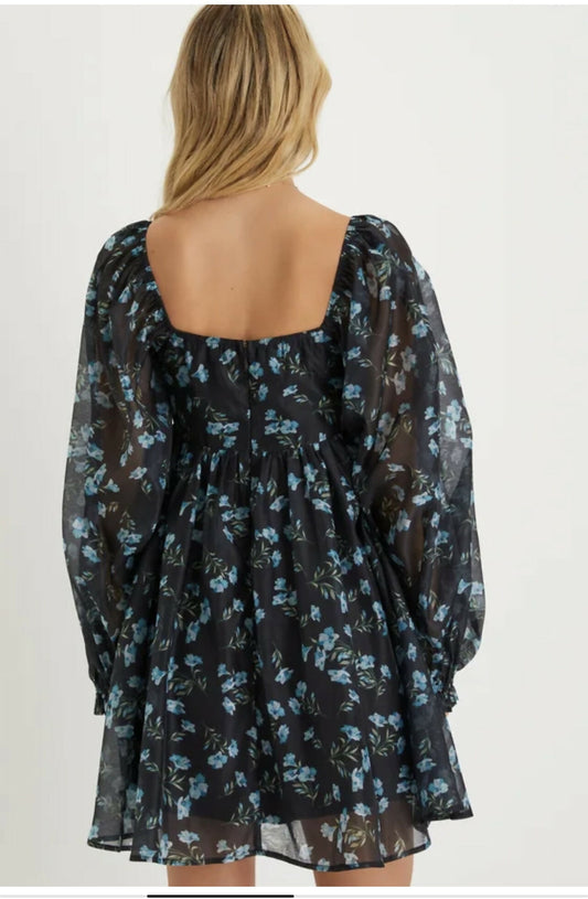 LULUS COMPLETE DARLING BLACK FLORAL BALLOON SLEEVE BABYDOLL MINI DRESS