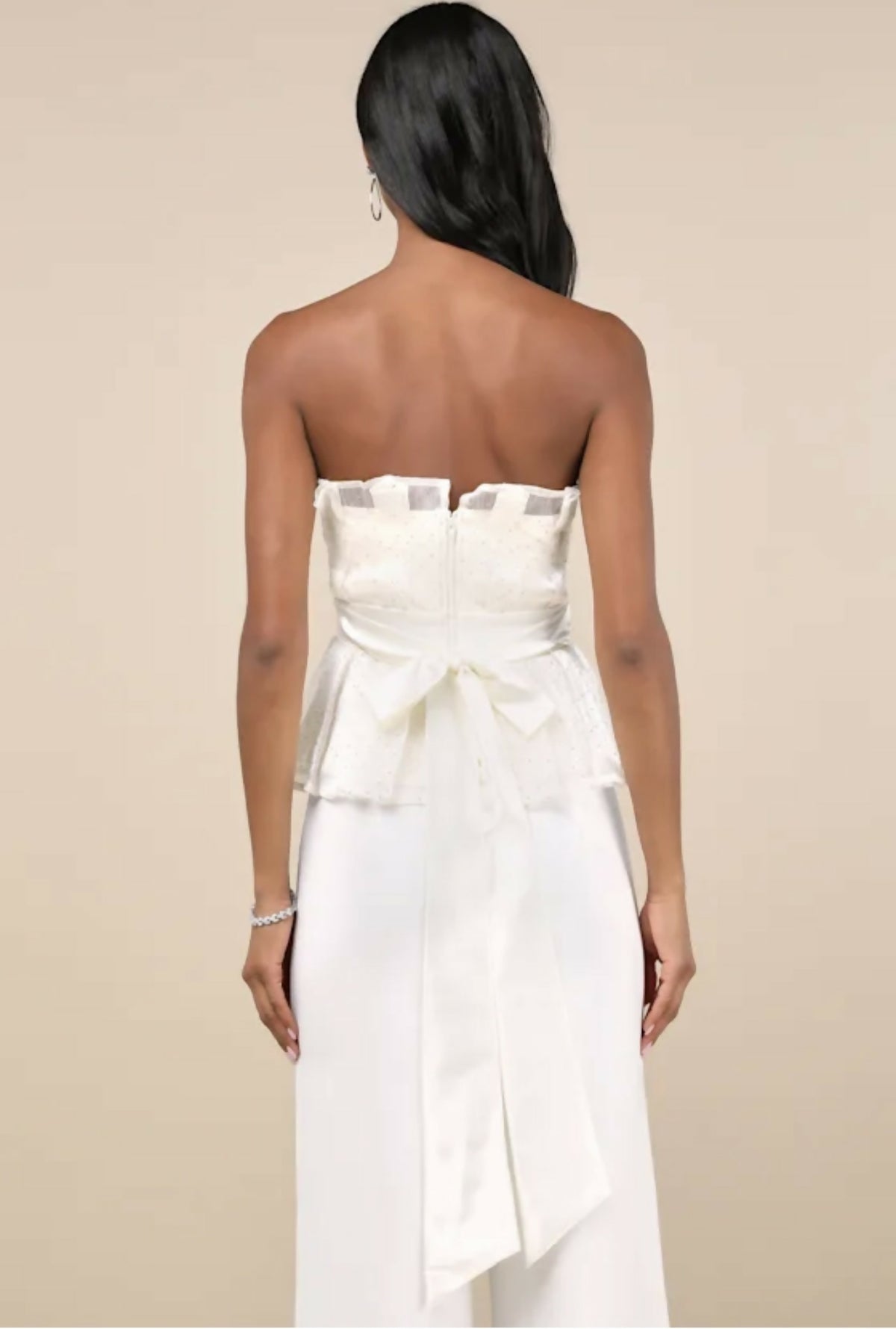 LULUS VOGUISH PASSION IVORY PLEATED RHINESTONE STRAPLESS TOP