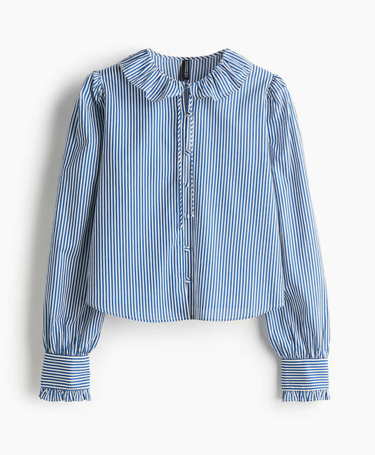 H&M Women's Blue/Stripe Frill Collar Blouse