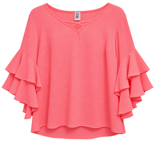 Coral Pink Ruffle-Sleeve Blouse