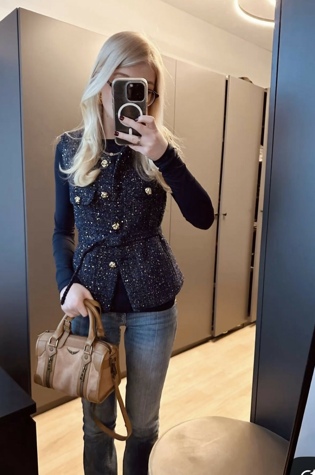 ZARA NAVY BLUE ELEGANT BELTED SEQUIN STRUCTURED TWEED VEST