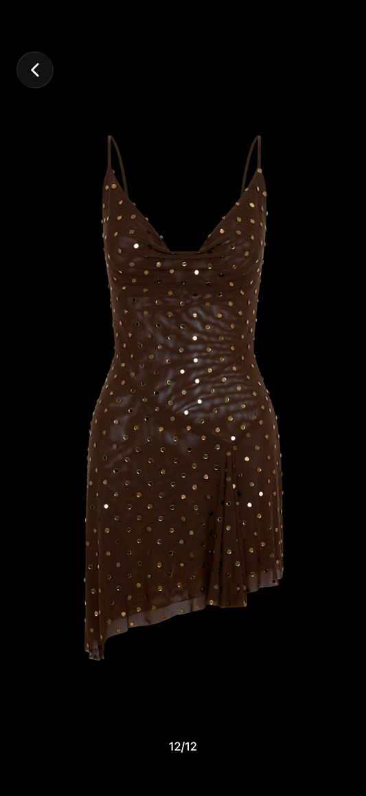 Meshki Brown Cowl Neck Diamanté Dress