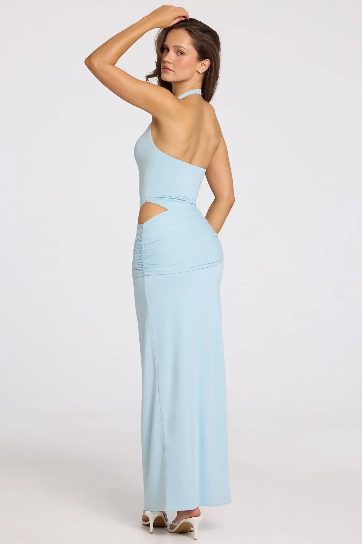 Oh Polly Deep Plunge Halterneck Maxi Dress in Powder Blue