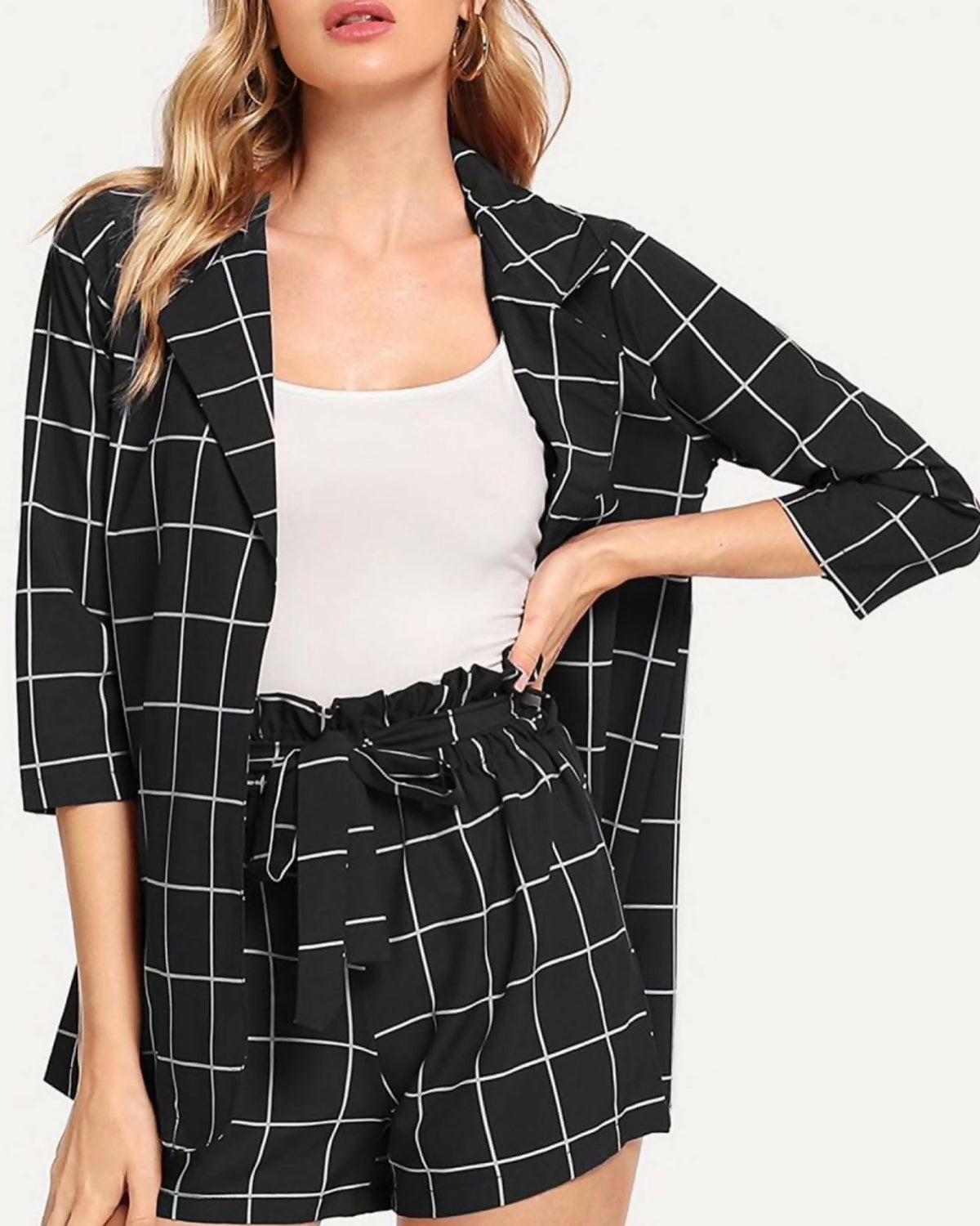 (NEW) Plaid Blazer with Tie Waist Shorts