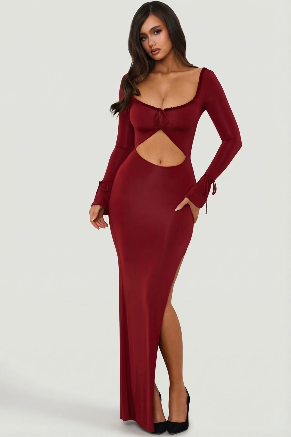 Oh Polly Matilda Ruffle-Trim Cut-Out Maxi Dress in Berry Red