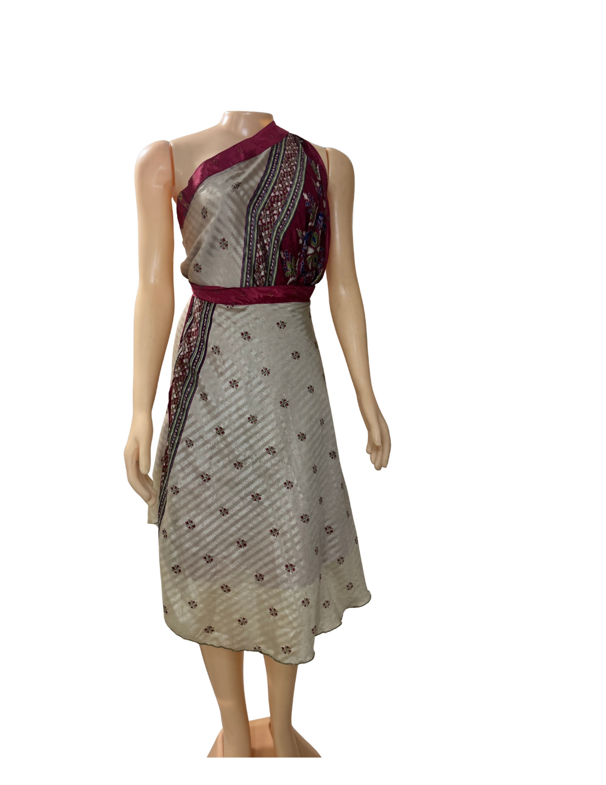 Kariza Silk Blend Multiway Wrap Dress, Burgundy, pink & Cream Sari Print