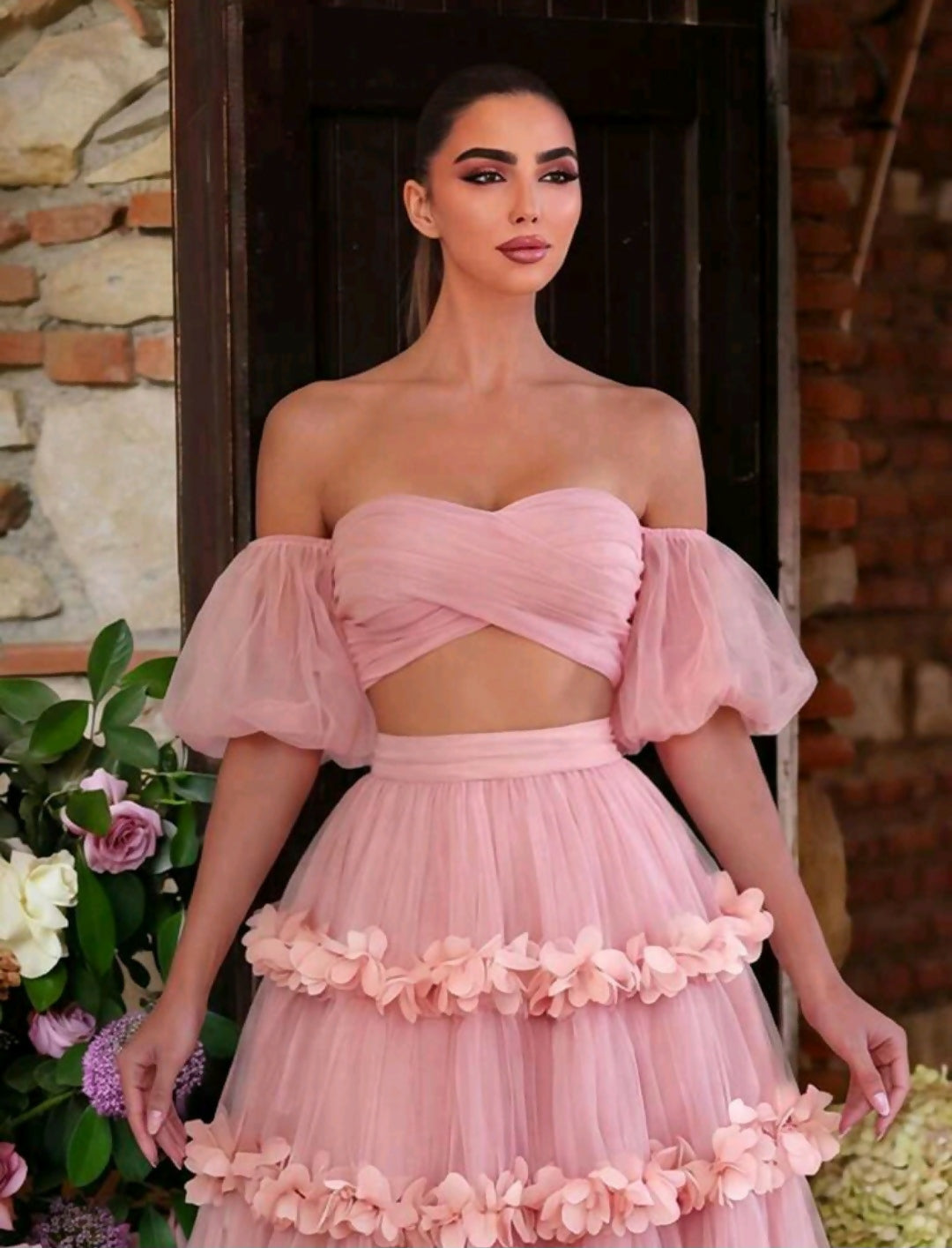 Open Shoulder Puff Sleeve Crop Top And Layered Ruffle Chiffon Skirt Set