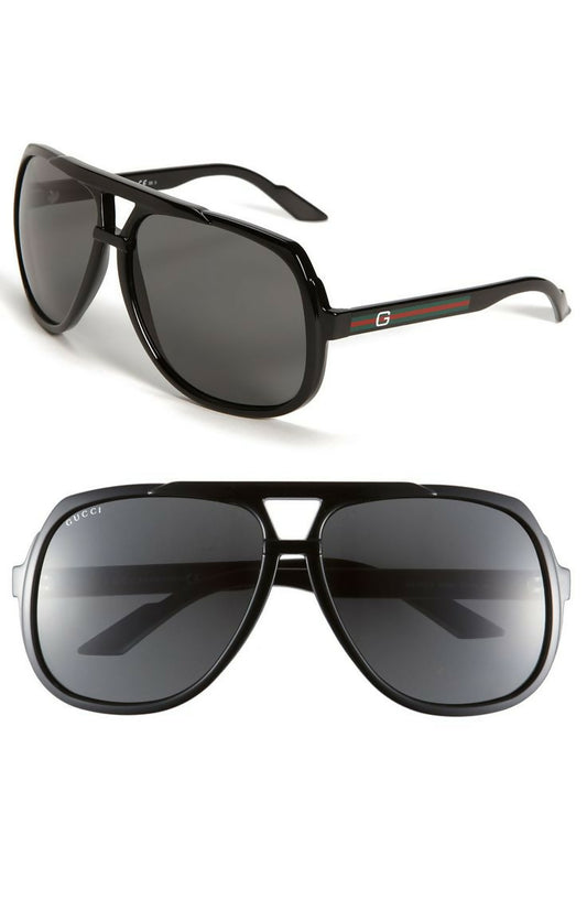(NEW) Gucci Logo Temple 63mm Aviator Sunglasses