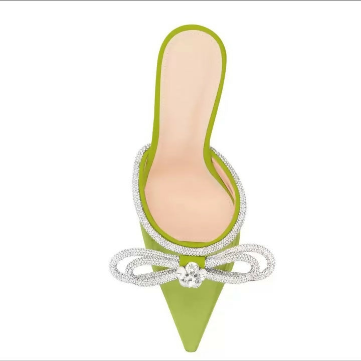 (NEW) Clear PVC Pointed Toe Rhinestone Bow-Knot Heels