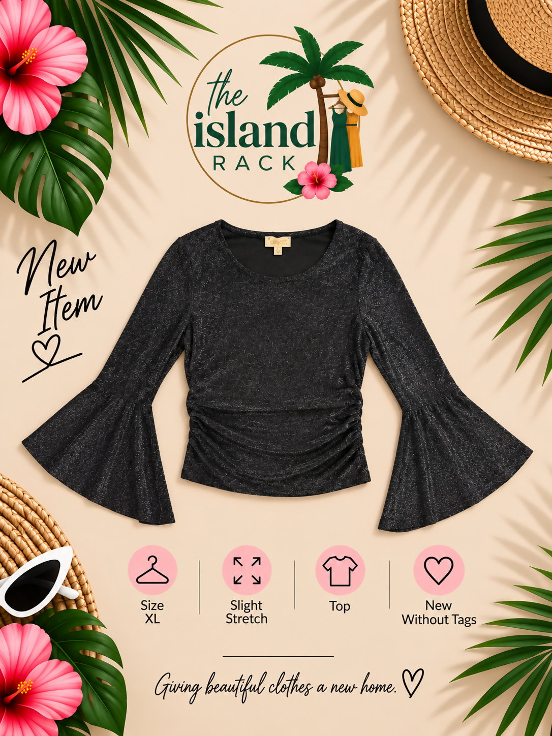 London Rose Black Glitter Bell Sleeve Top