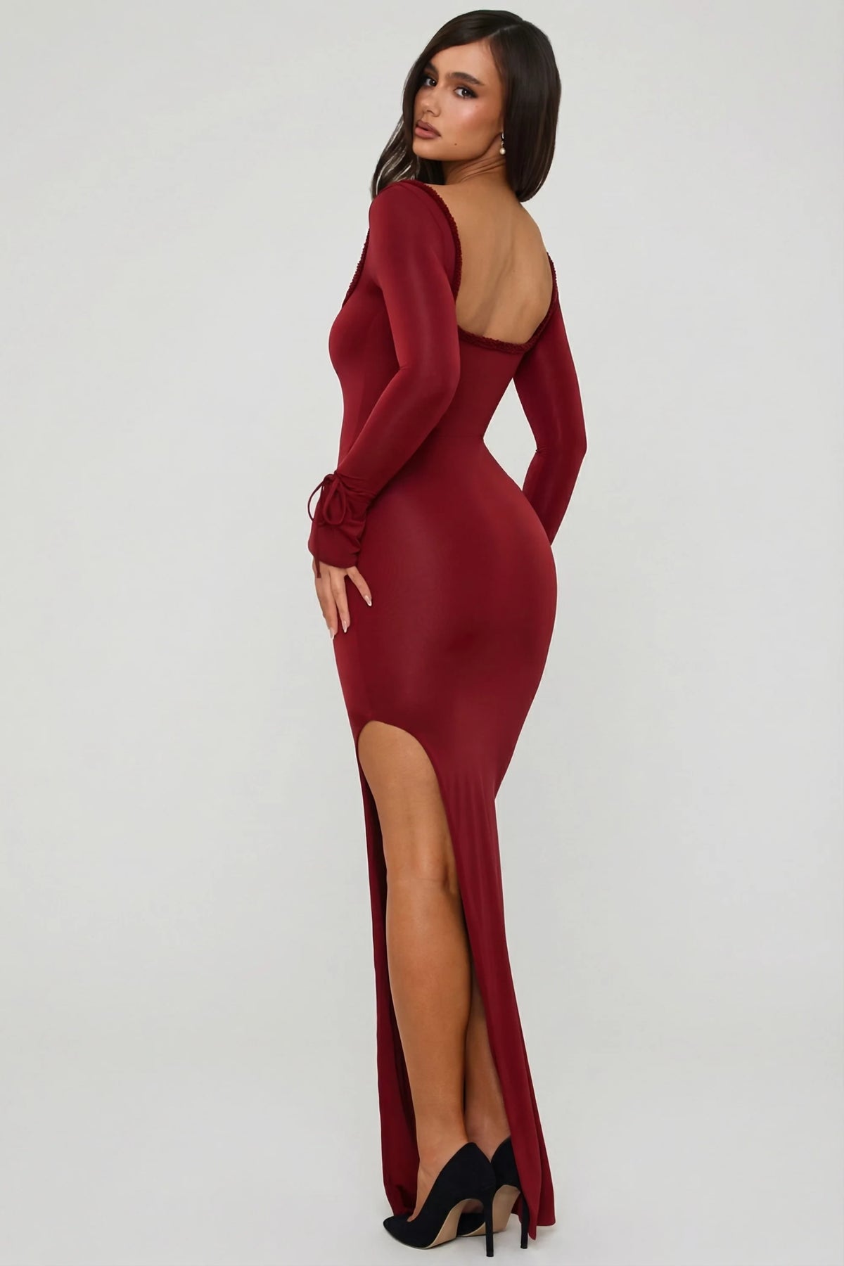 Oh Polly Matilda Ruffle-Trim Cut-Out Maxi Dress in Berry Red