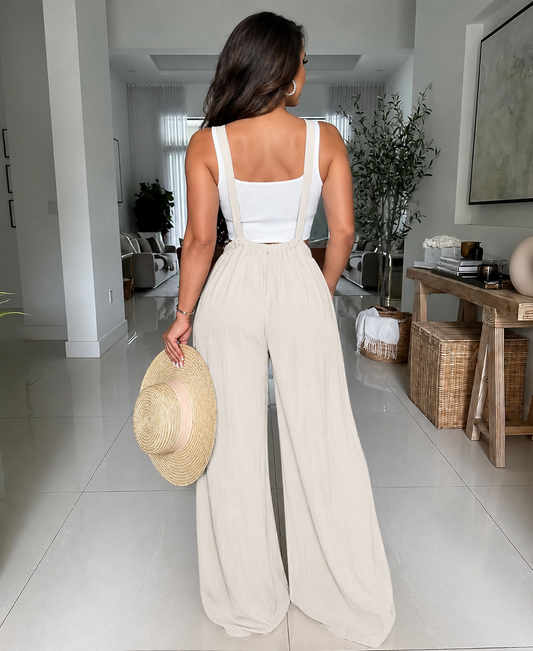 Cream Suspender Wide Leg Pants