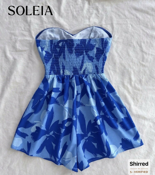 Soleia Women's Light Blue Floral Summer Boho Romper,Strapless Front Twist Backless Loose Fit