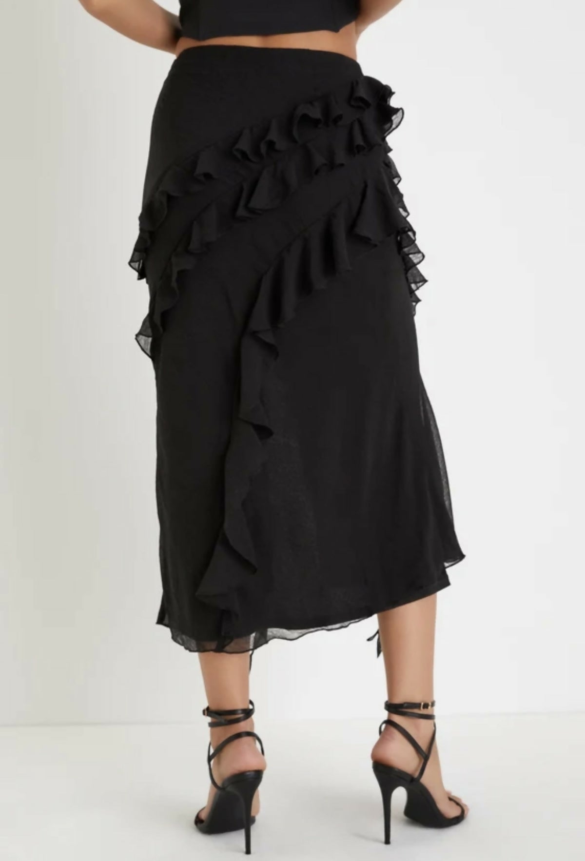 Stunning Scenario Black Chiffon Ruffled Asymmetrical Midi Skirt