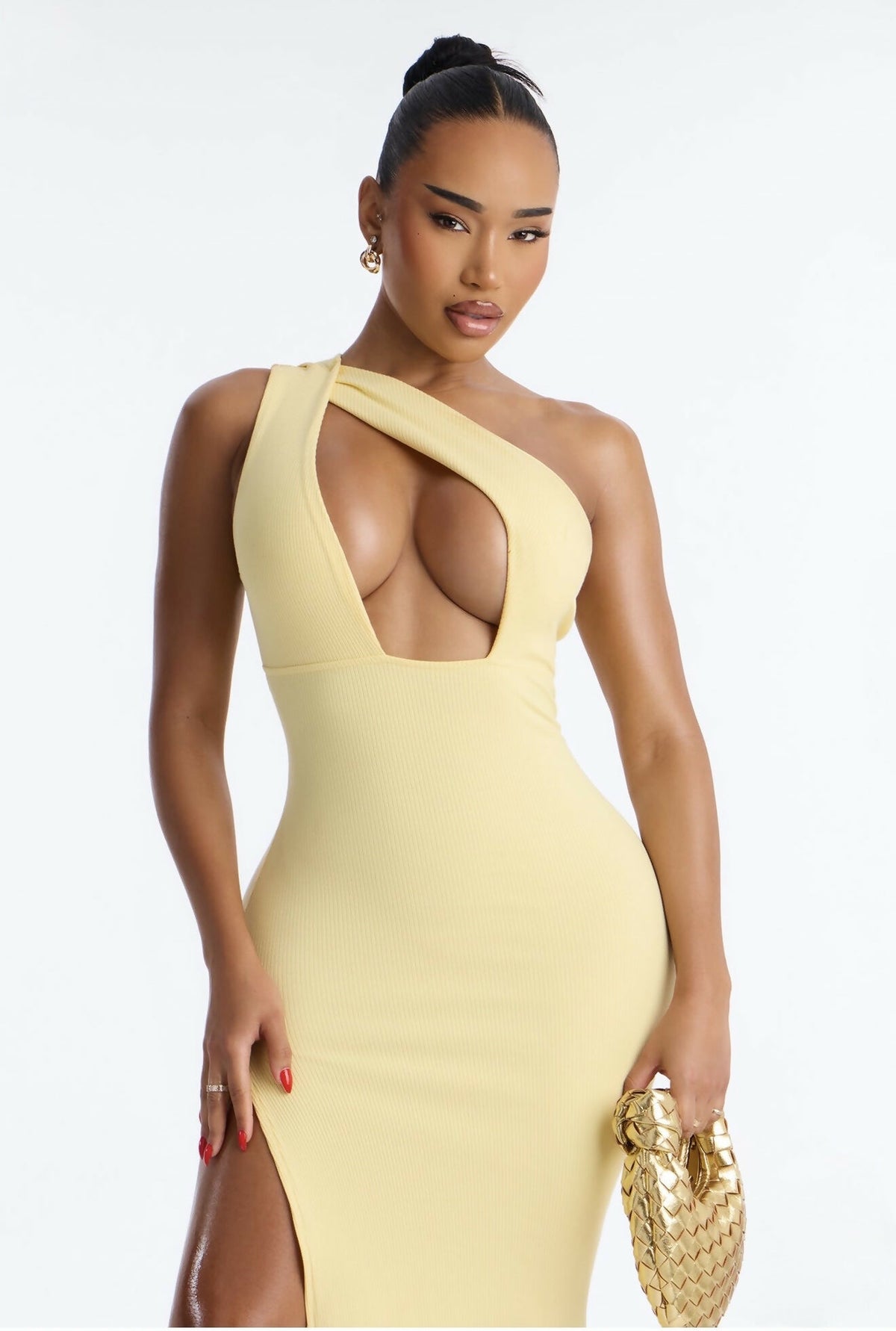 Fashion Nova Butter Yellow Snatched High Slit Maxi Dress