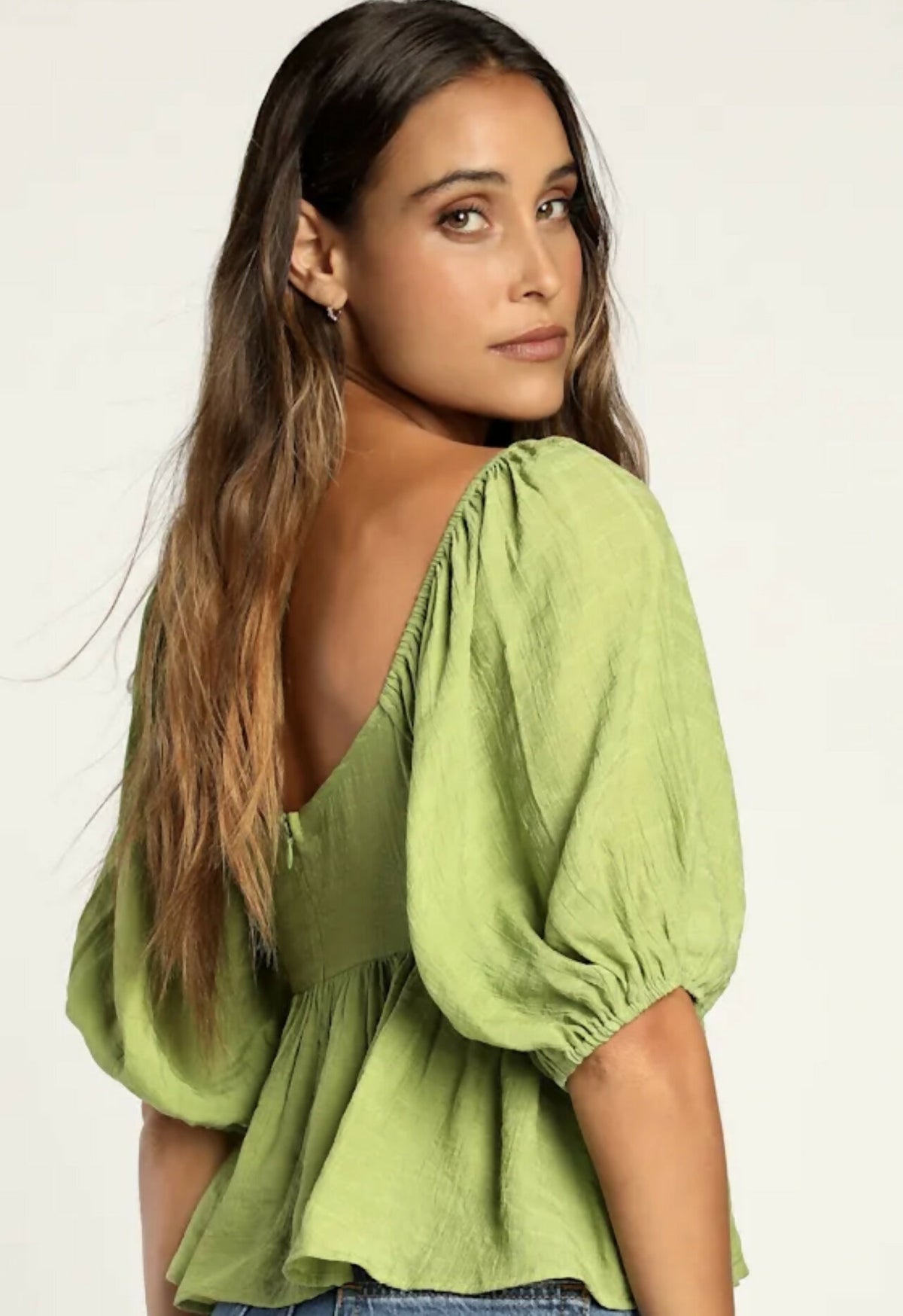 Lulus Sweetly Sentimental Green Ruched Puff Sleeve Top