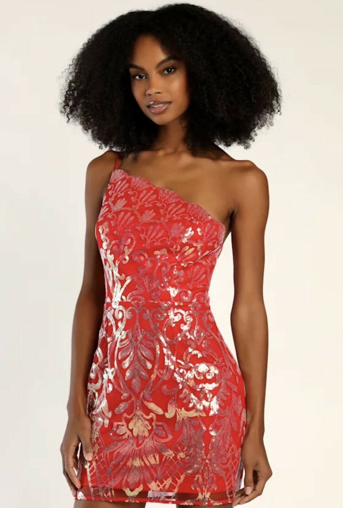 Mesmerizing Shine Red Iridescent Sequin One-Shoulder Mini Dress