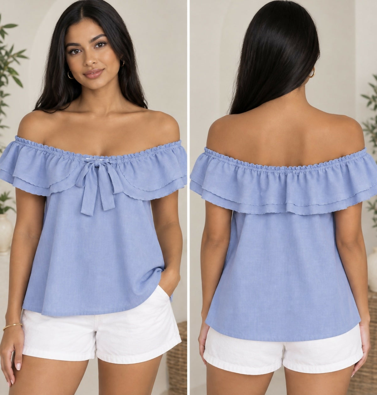 Blue Ruffle Off-Shoulder Top
