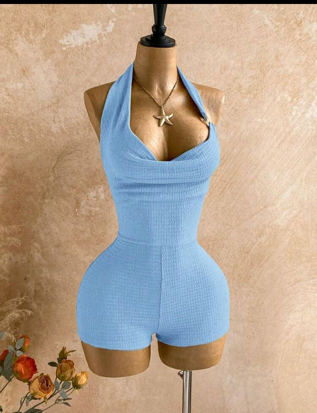 Draped Neck Metal Decor Mini Jumpsuit