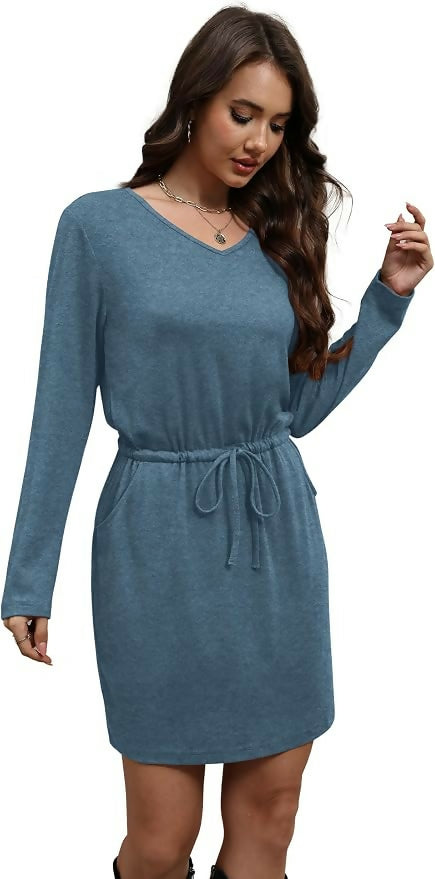 Loose V Neck Long Sleeve T Shirts Casual Sundresses Tie Front A-Line