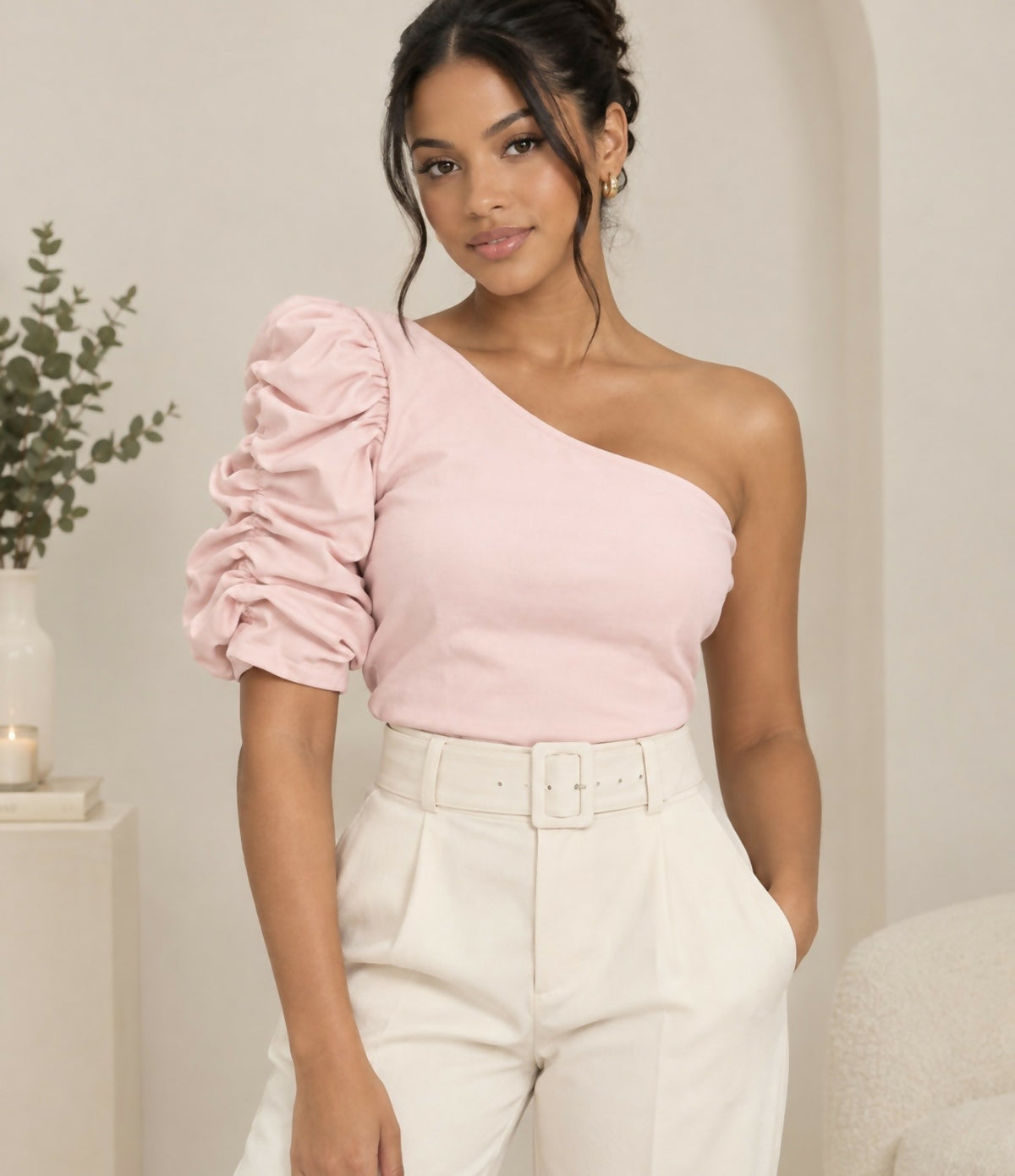 Pink Puff Sleeve One-Shoulder Top