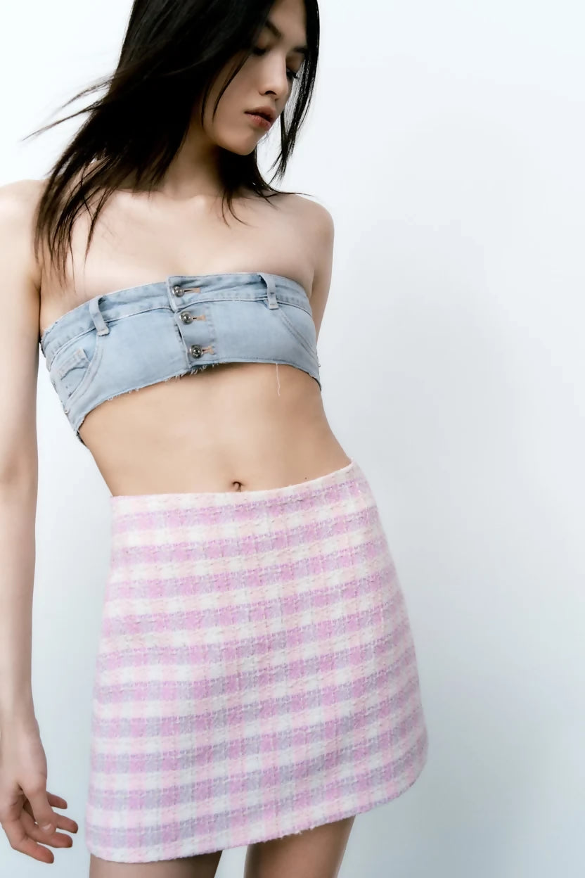 ZARA TEXTURED CORSET TOP AND GINGHAM CHECK MINI SKIRT