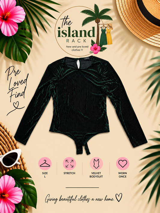 Black & Dark Green Velvet Stripe Shoulder Pad Bodysuit