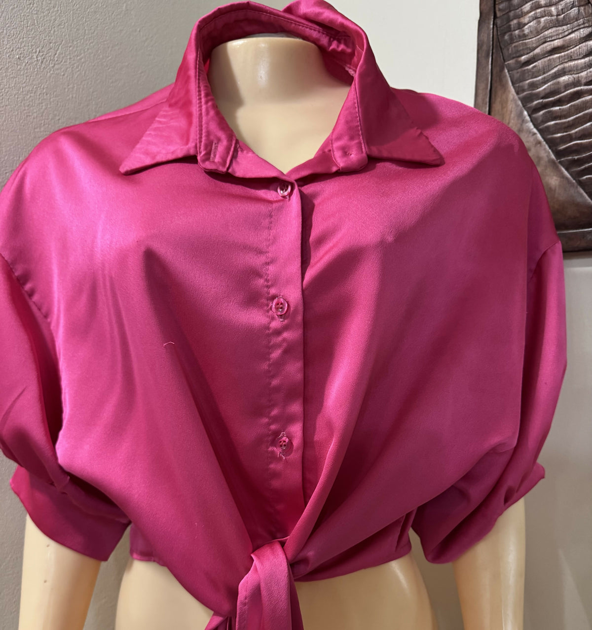 In Italy Fuchsia Satin-Look Tie-Front Crop Shirt