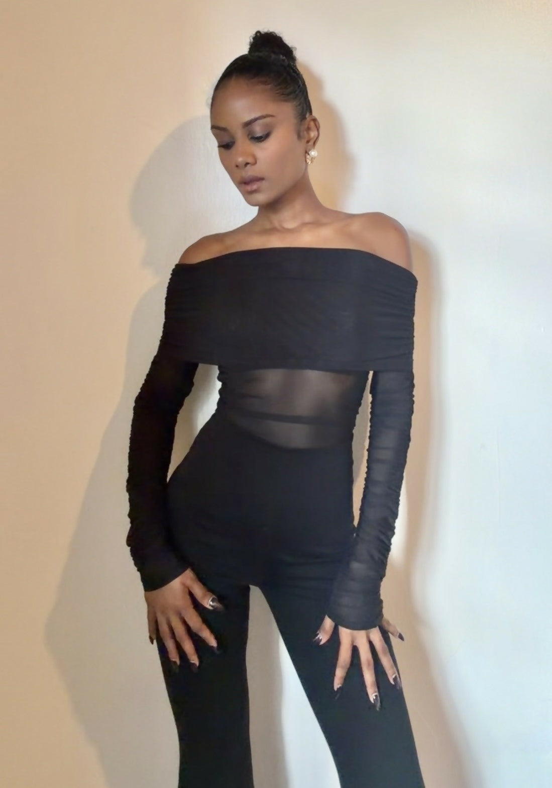 Feline Fatal - Black Off-The-Shoulder Mesh Wide-Leg Jumpsuit