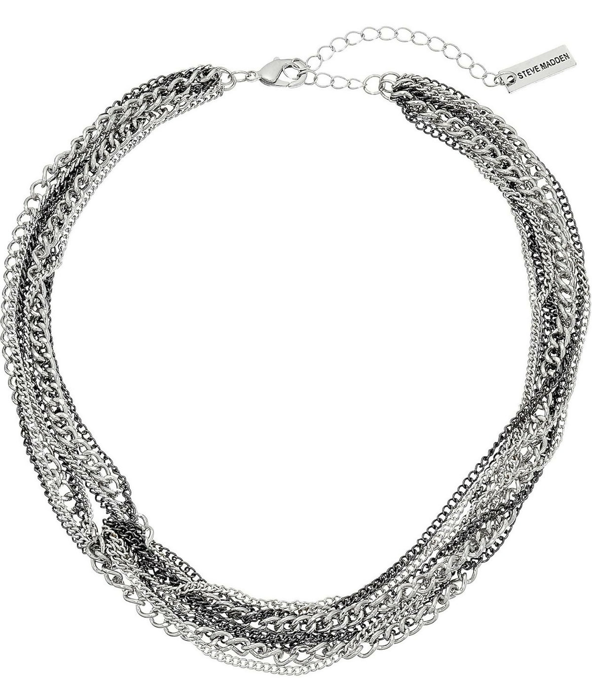 Steve Madden Black & Silver Multi-Tone Layered Chain Statement Necklace with Pouch
