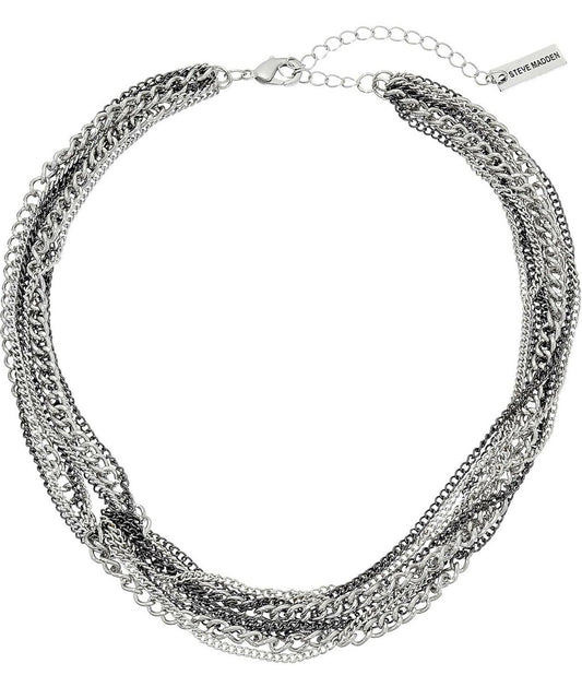 Steve Madden Black & Silver Multi-Tone Layered Chain Statement Necklace with Pouch