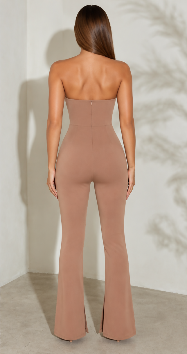 Oh Polly Mocha Strapless Flared Jumpsuit