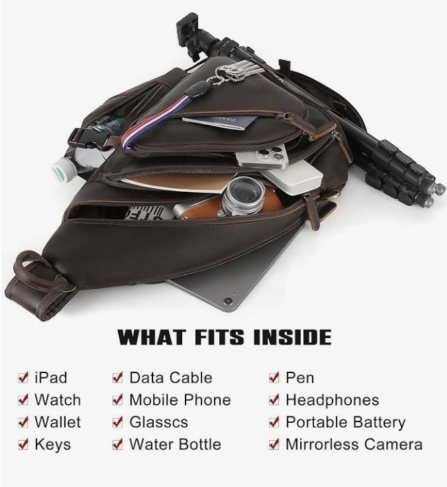TIDING Men's Full Grain Leather Sling Shoulder Bag Casual Chest Bag