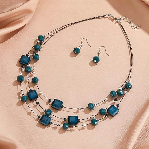 Layered Silver & Emerald Beaded Necklace & Earrings Set