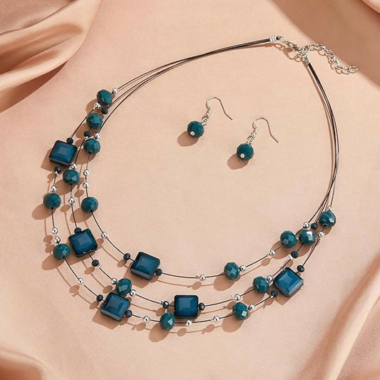 Layered Silver & Emerald Beaded Necklace & Earrings Set