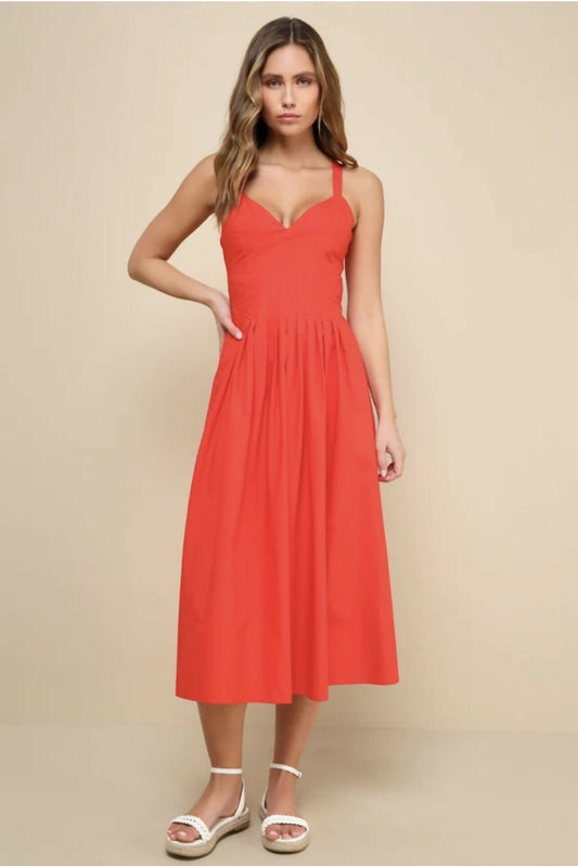 Strolling Sicily Red Pleated Backless Midi Dress With Pockets