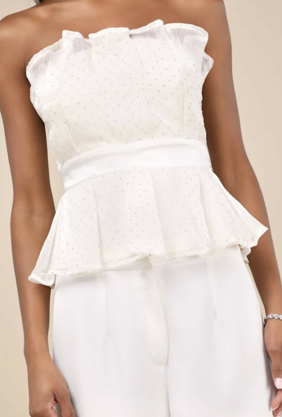 LULUS VOGUISH PASSION IVORY PLEATED RHINESTONE STRAPLESS TOP