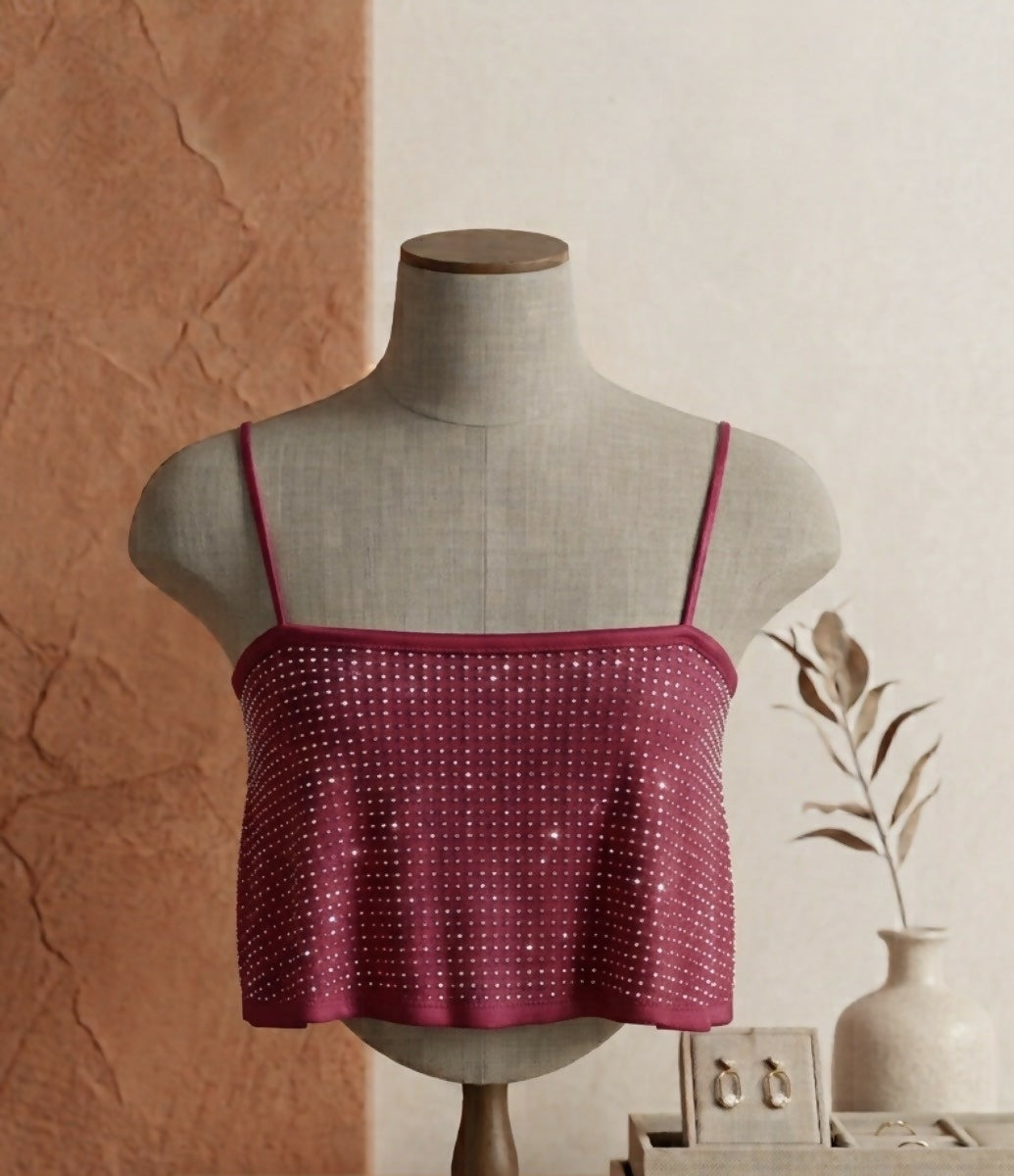 Pink Rhinestone Cowl-Neck Crop Top