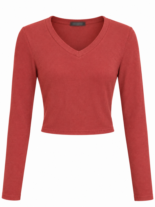 Burnt Orange Ribbed Cropped V-Neck Top