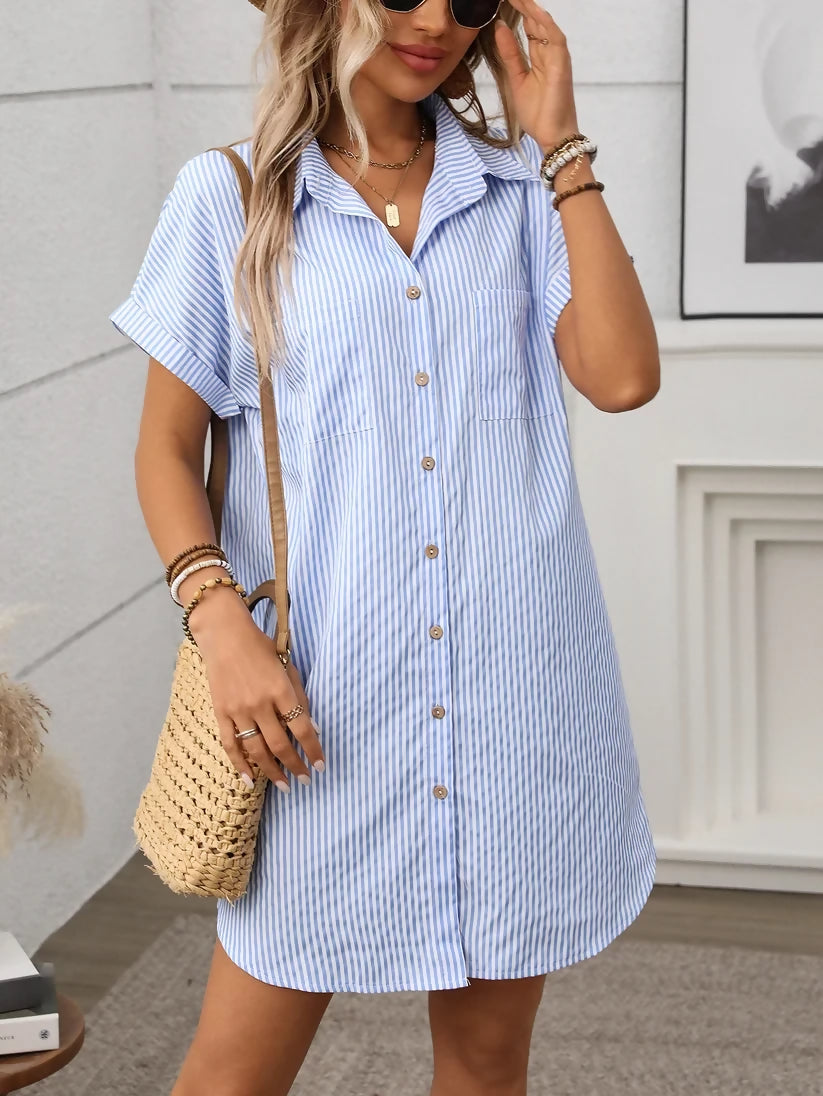 Short Sleeve Striped Shirt Dress
