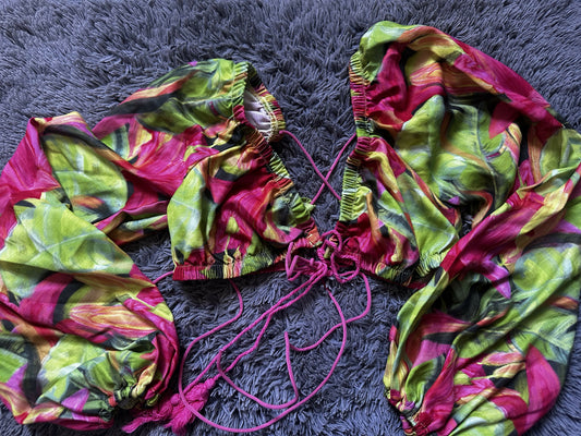 SHEIN VCAY Tropical Print Tie Front Lantern Sleeve Crop Top