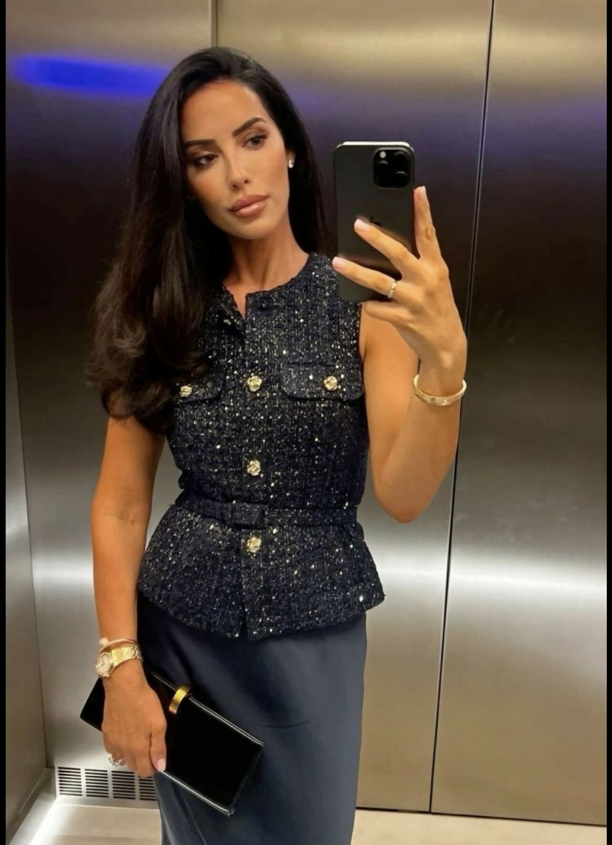 ZARA NAVY BLUE ELEGANT BELTED SEQUIN STRUCTURED TWEED VEST