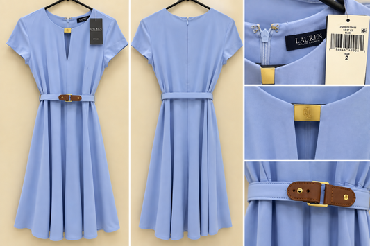 Lauren Ralph Lauren Belted Midi Dress (discoloration at back of dress) – Size 2 | NEW WITH TAGS