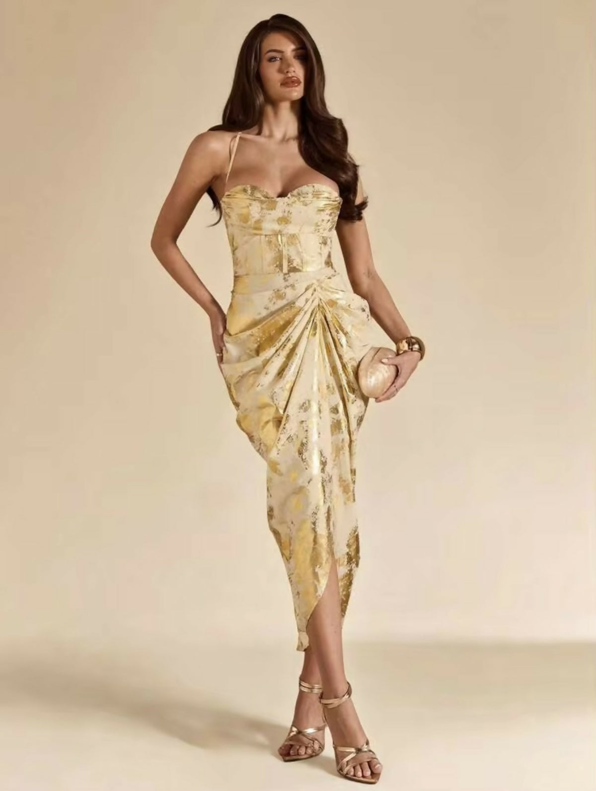 (NEW) Gold High Slit Dress