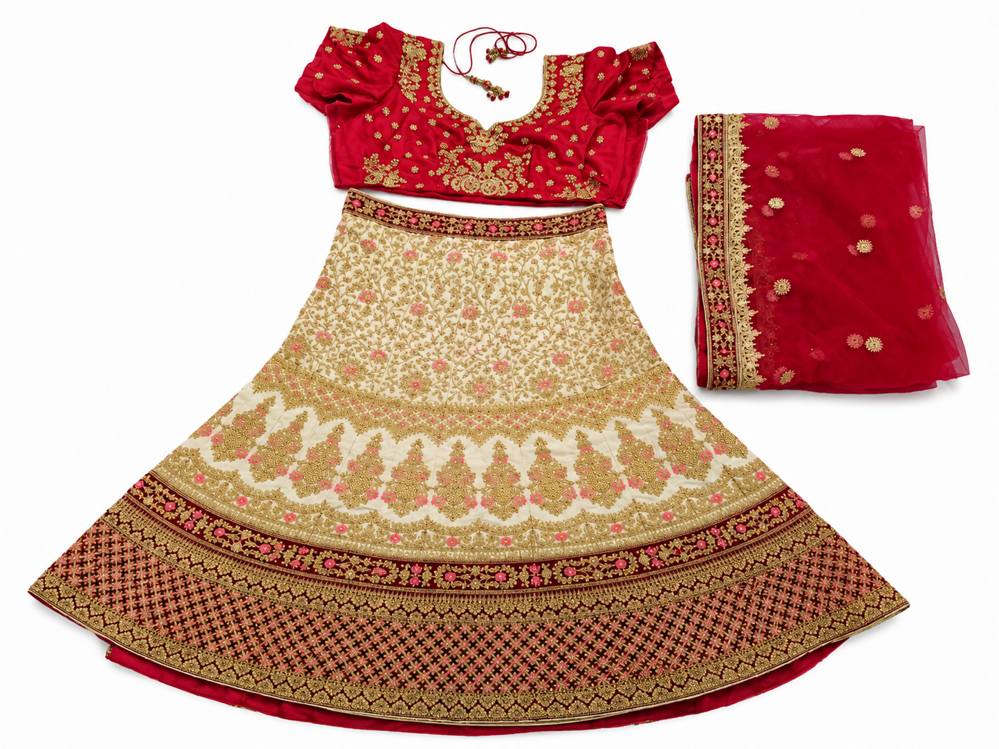 Bridal Lehenga Set – Ivory, Red & Gold Embroidered (3-Piece)