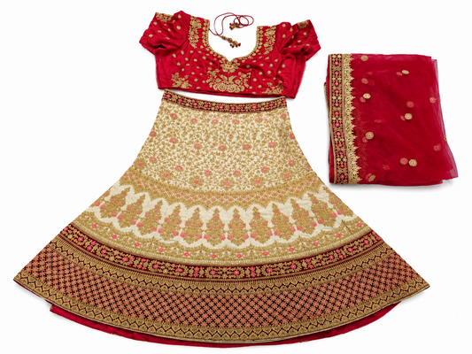 Bridal Lehenga Set – Ivory, Red & Gold Embroidered (3-Piece)